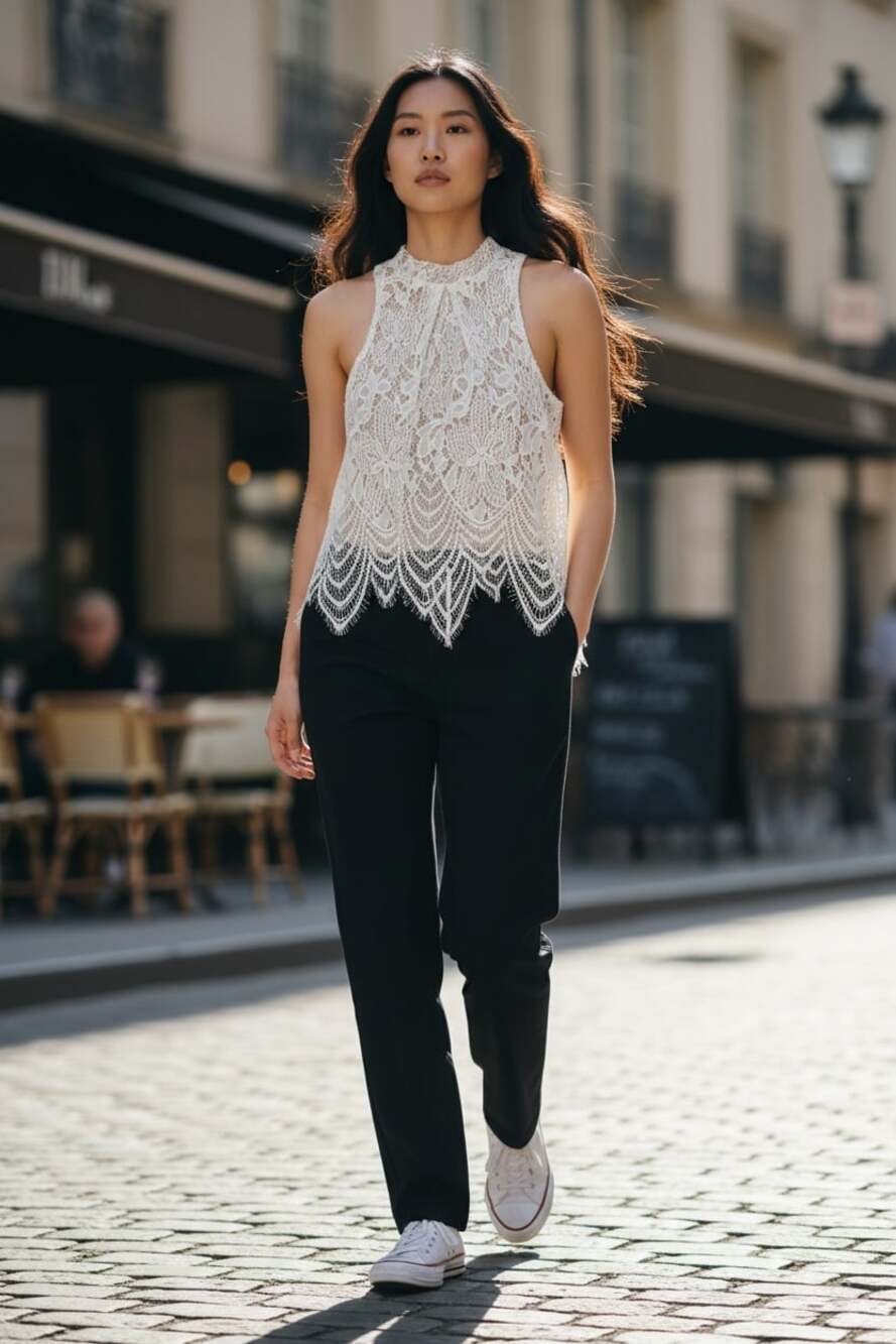 Love Fire Lace Tank Top  Boho Sleeveless High Neck Sheer Crochet Scalloped Hem